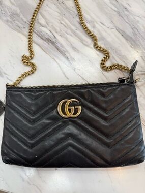 Gucci Black Quilted Leather Crossbody with Gold GG and Chain